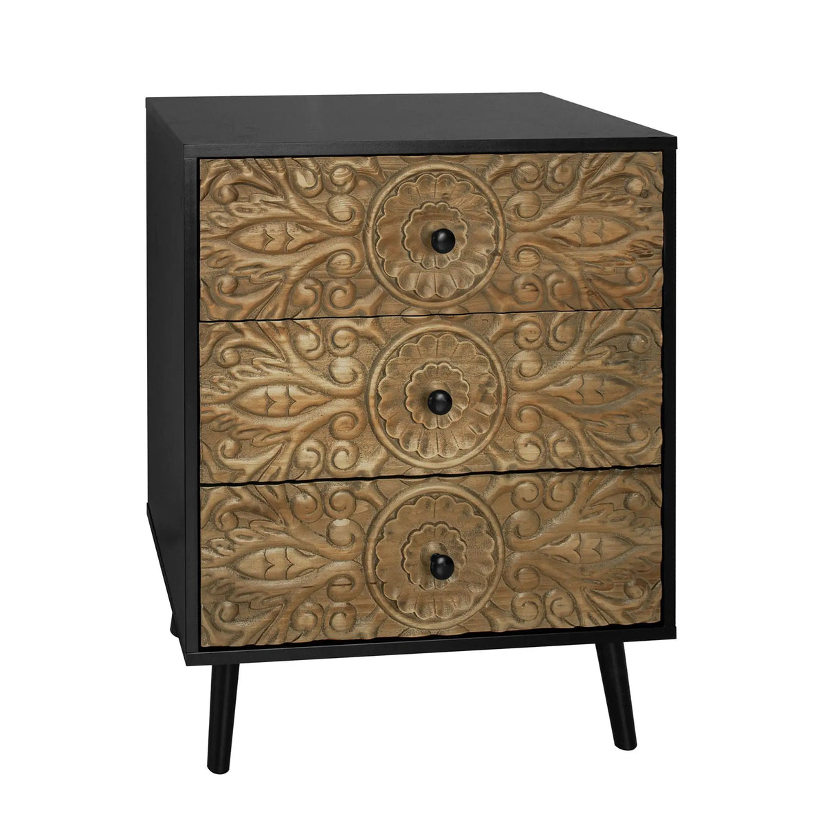 3 Drawer Nightstand | Solid Wood Panel | Hand Carved Relief | Black