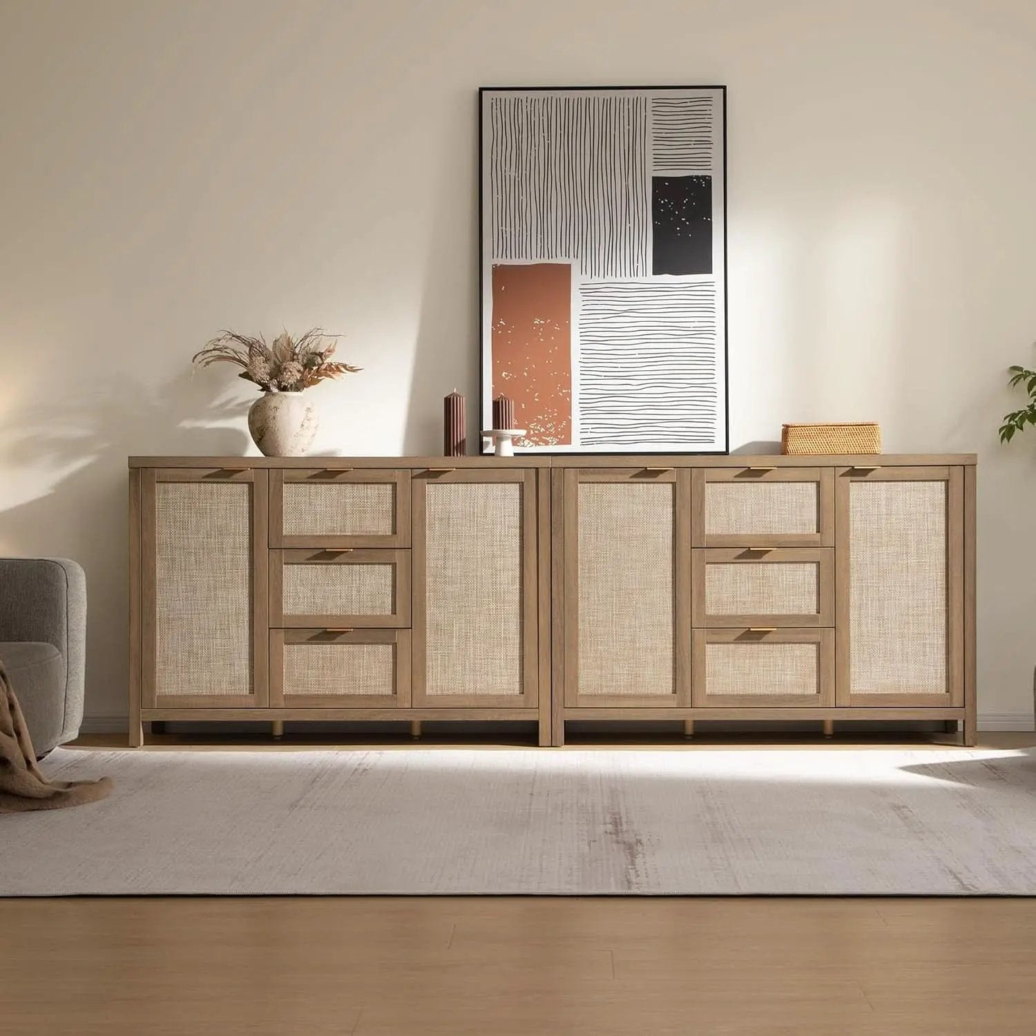 Caramel Oak Rattan Large Sideboard Buffet Storage Cabinet from PriceLows™