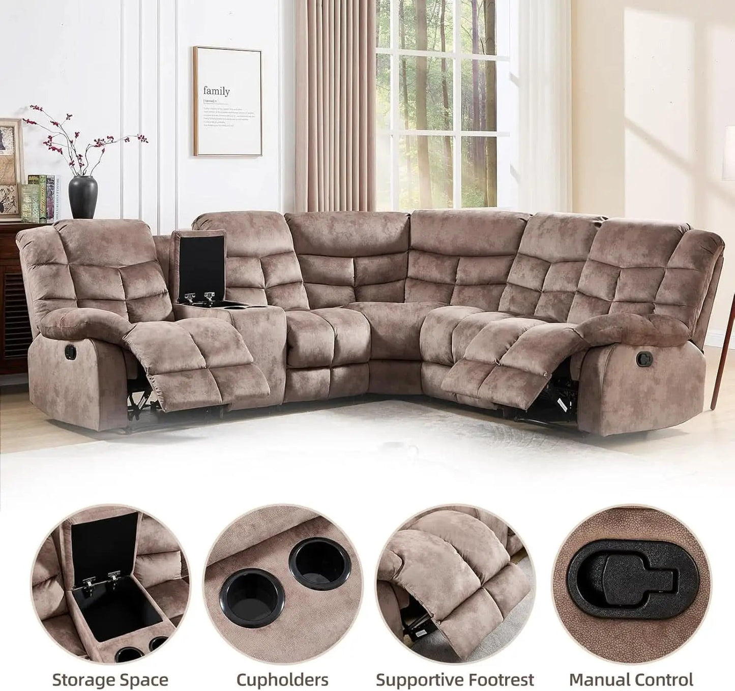 Brown Manual Reclining Sectional Sofa With Cup Holders from PriceLows™