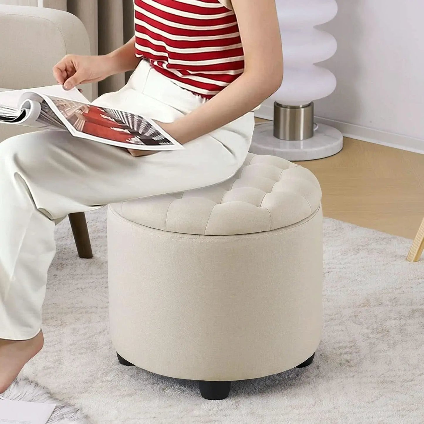 Beige Round Storage Ottoman Featuring Removable Lid from PriceLows™