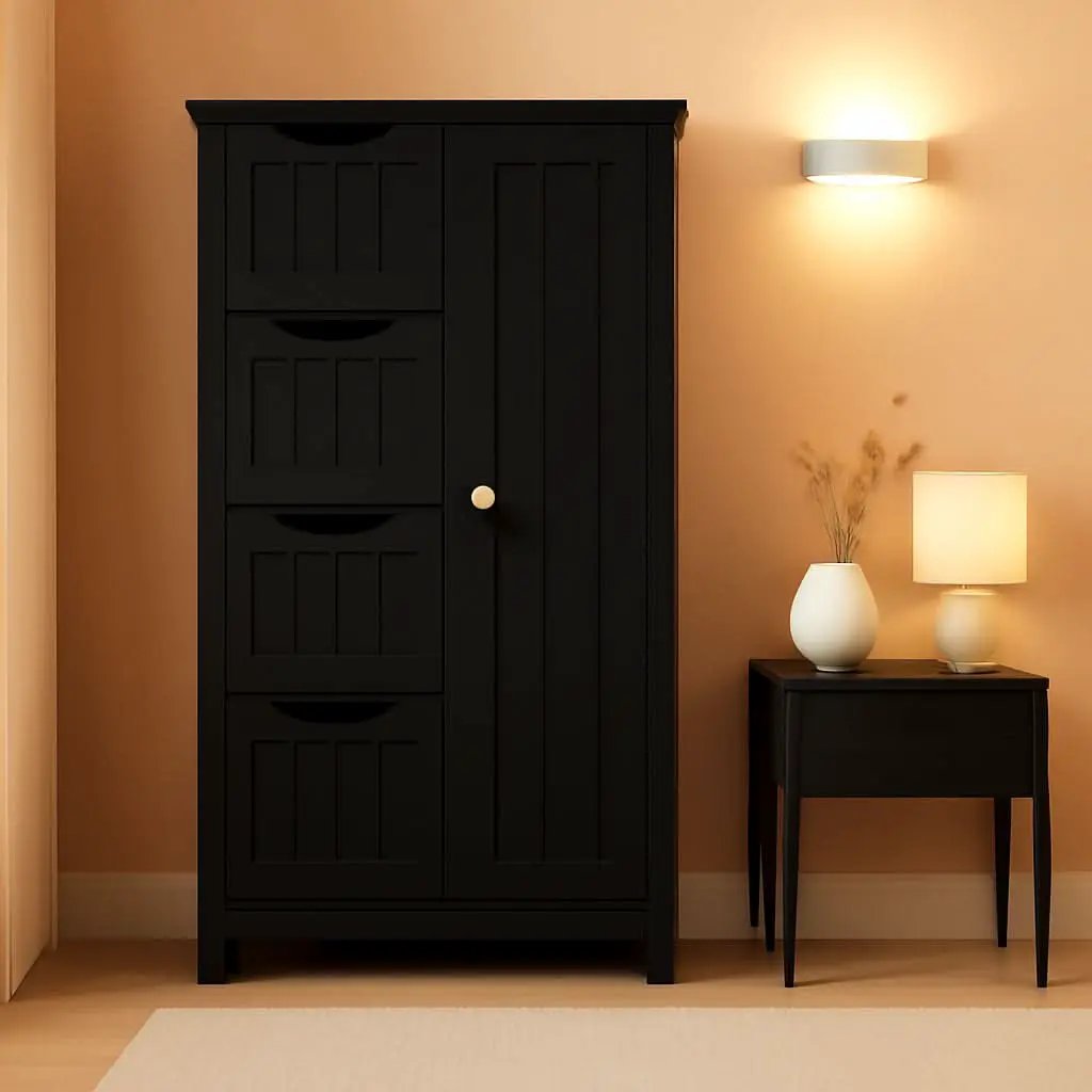 Wooden Bathroom Floor Storage Cabinet With 4 Drawers And Cupboard Freestanding from PriceLows™