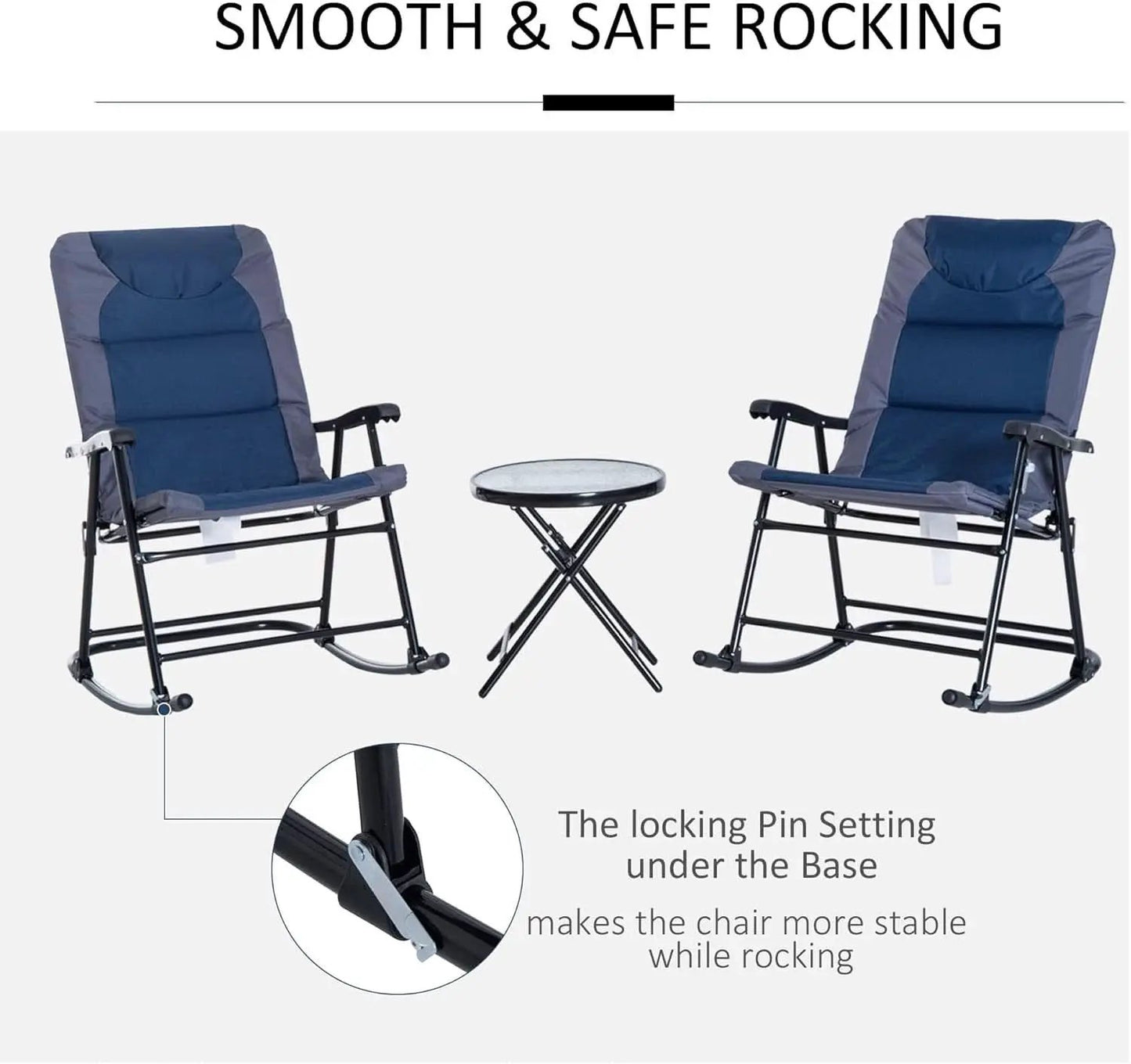 Three Piece Outdoor Patio Furniture Set With Glass Coffee Table And Two Folding Padded Rocking Chairs Navy Blue from PriceLows™
