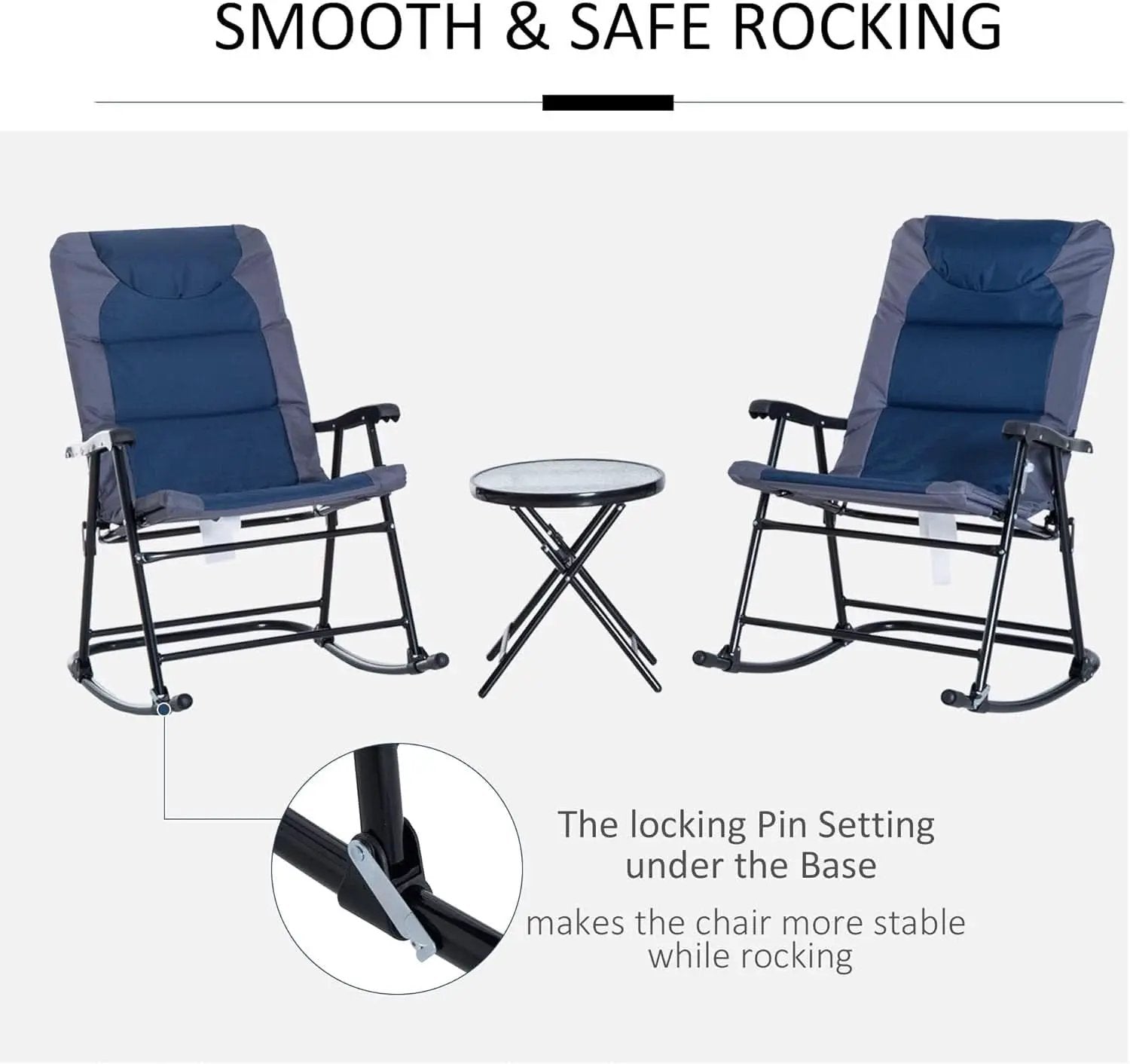 Three Piece Outdoor Patio Furniture Set With Glass Coffee Table And Two Folding Padded Rocking Chairs Navy Blue from PriceLows™