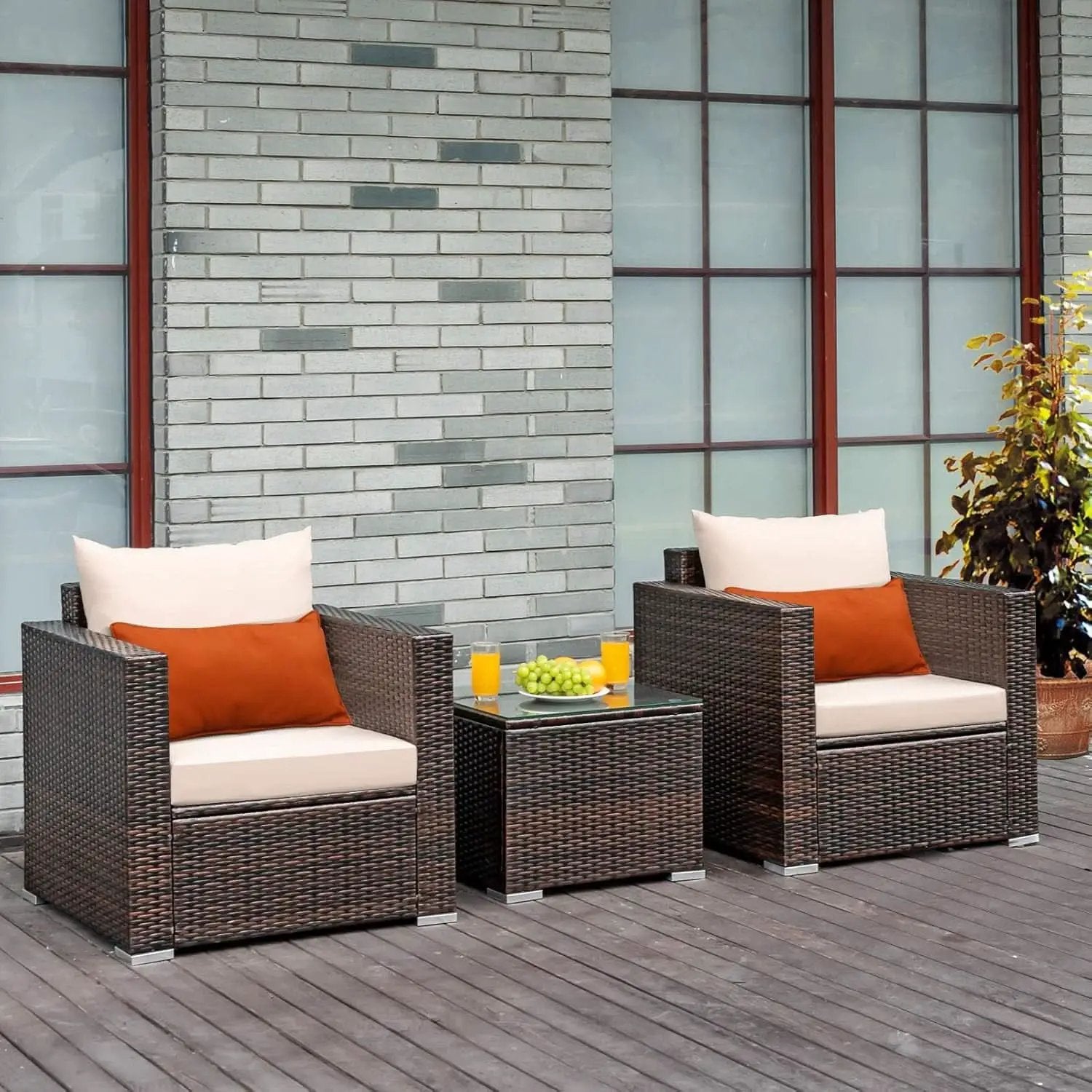 3 Piece Outdoor Patio Furniture Set Rattan Wicker With Washable Cushions And Tempered Glass Tabletop from PriceLows™