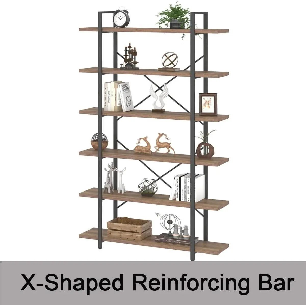 Rustic Oak 6 Tier Tall Bookcase With Metal Frame Industrial from PriceLows™