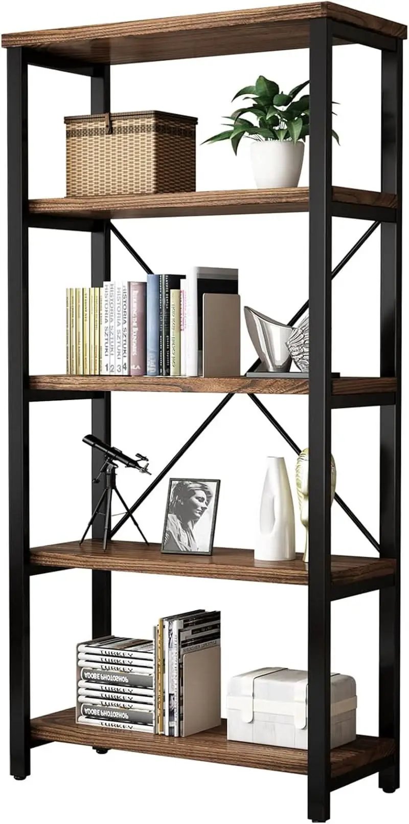 5 Tier Industrial Solid Wood Bookcase With Metal Frame from PriceLows™