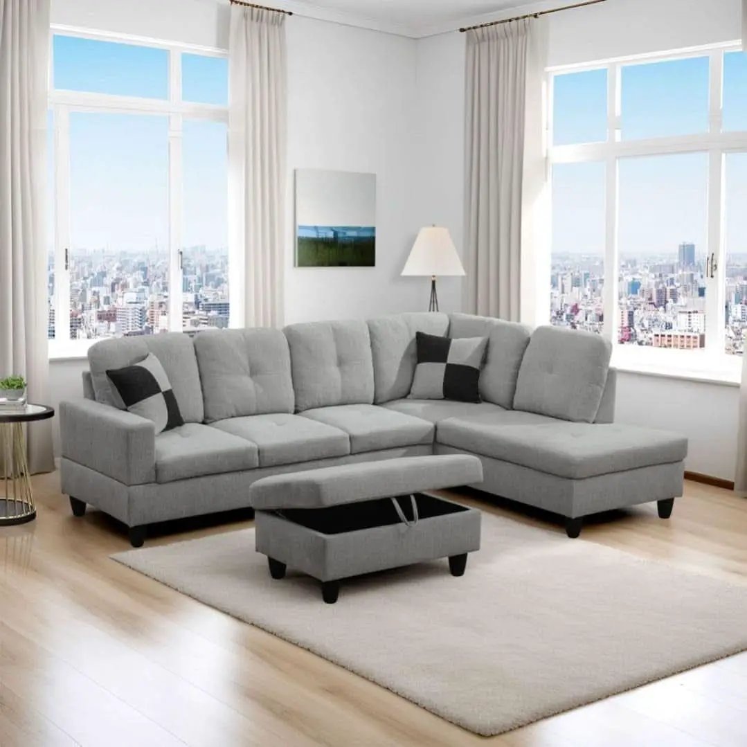 L Shaped 3 Piece Flannel Sofa With Storage Ottoman Grey from PriceLows™
