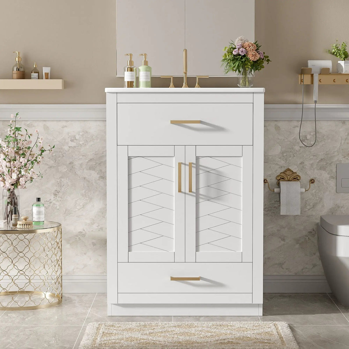 24 Inch Modern Vanity | Integrated Ceramic Sink | 2 Door Cabinet | Tip-Out Drawer
