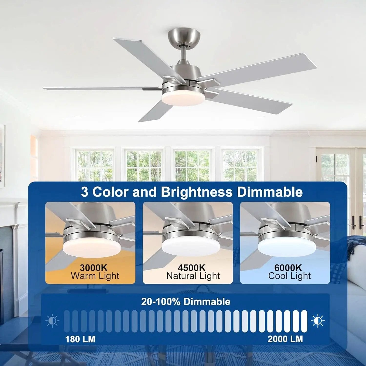 52 Inch Brushed Nickel Ceiling Fan With Remote And Dimmable LED Lighting from PriceLows™