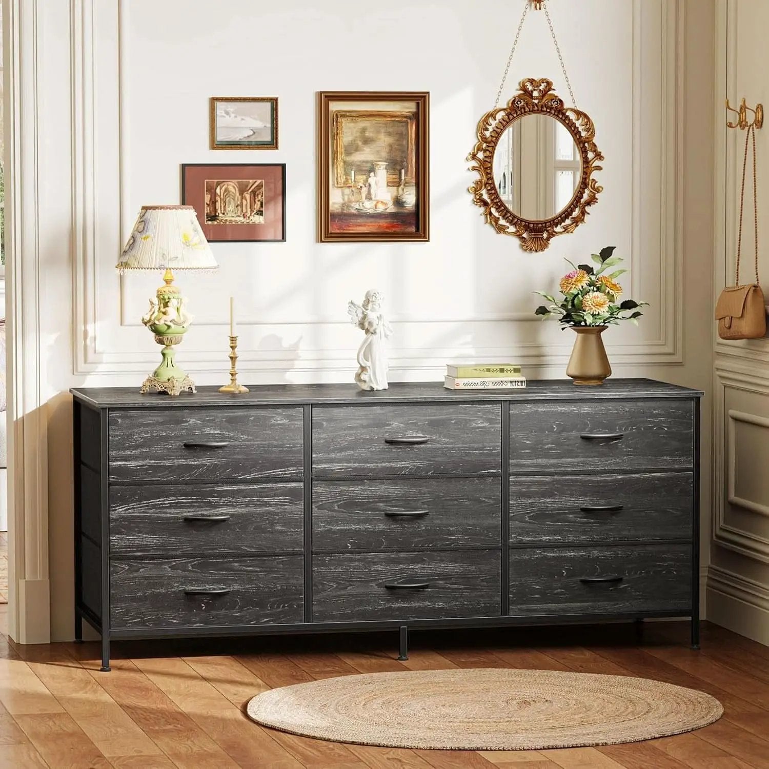 9 Drawer Dresser TV Stand 55 Inch Charcoal Black Wood Grain from PriceLows™