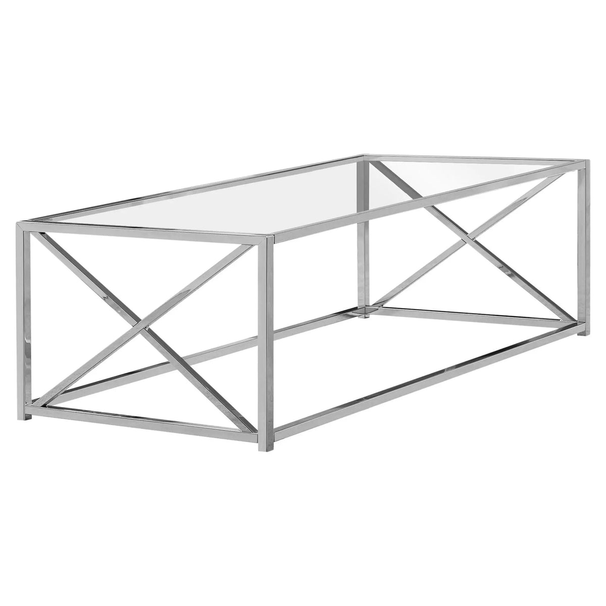 Rectangular Coffee Table | Chrome Base | Thick Clear Tempered Glass Top | X Accent Design