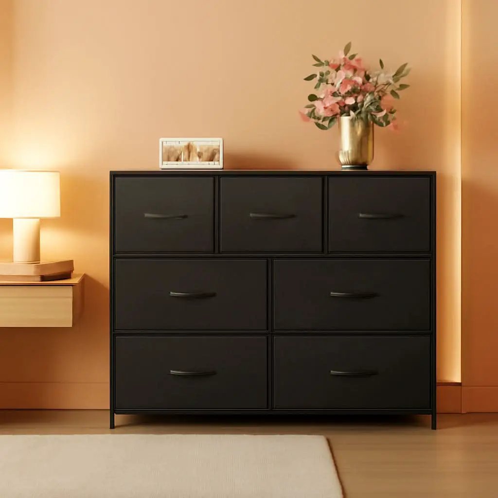 Black Dresser TV Stand With Fabric Drawers 39 Inch Length from PriceLows™