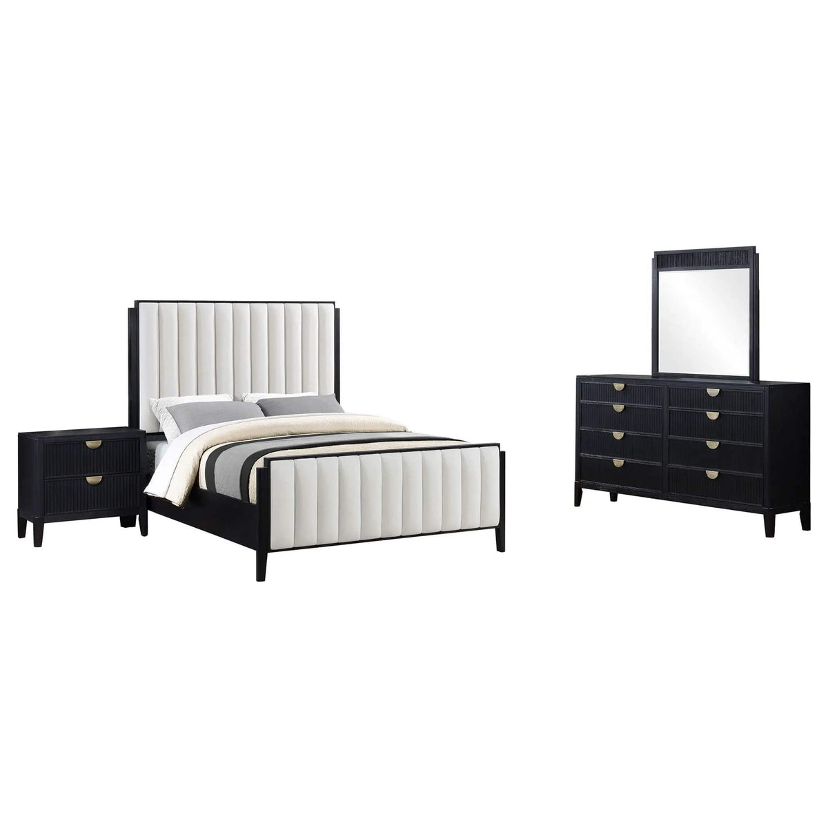 Brookmead 4-piece Upholstered Queen Bedroom Set | 4-Piece Set | Fabric | Black