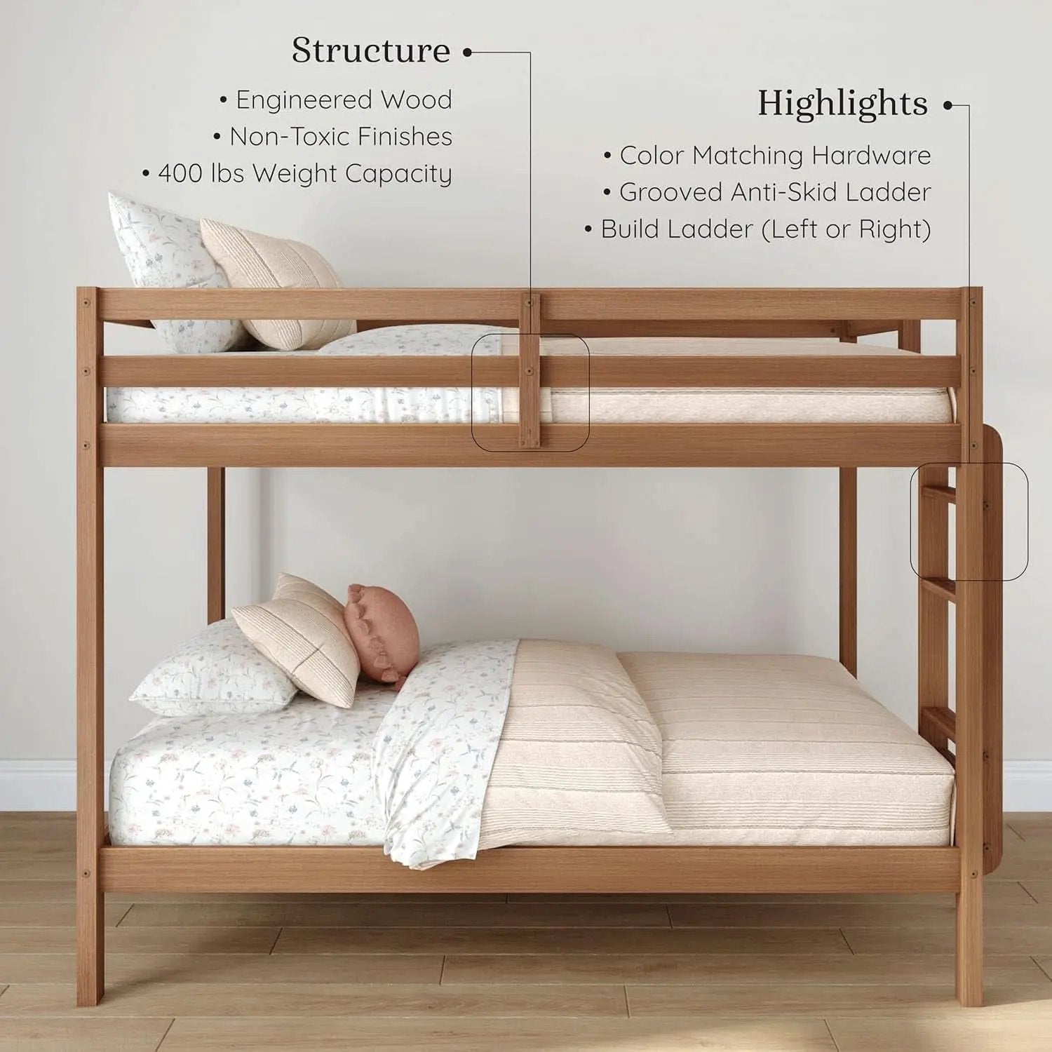 Engineered Wood Twin Over Twin Bunk Bed With Ladder Oak Finish from PriceLows™