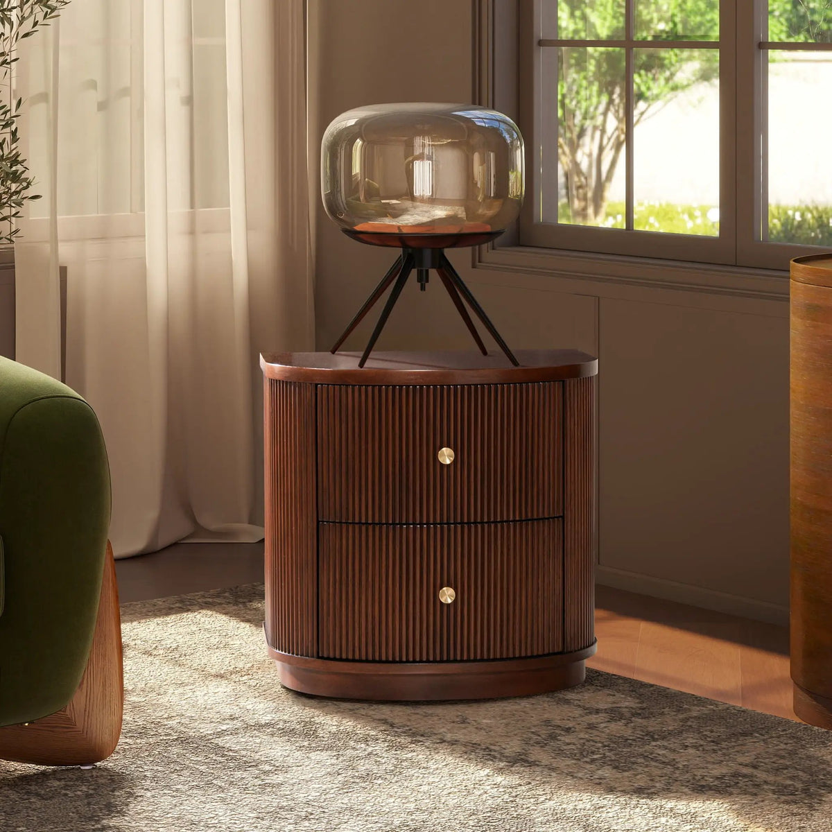 Valentine 2 Drawer Side Table | American Beech Wood | Half-Moon Shape | Fluted Carved Details