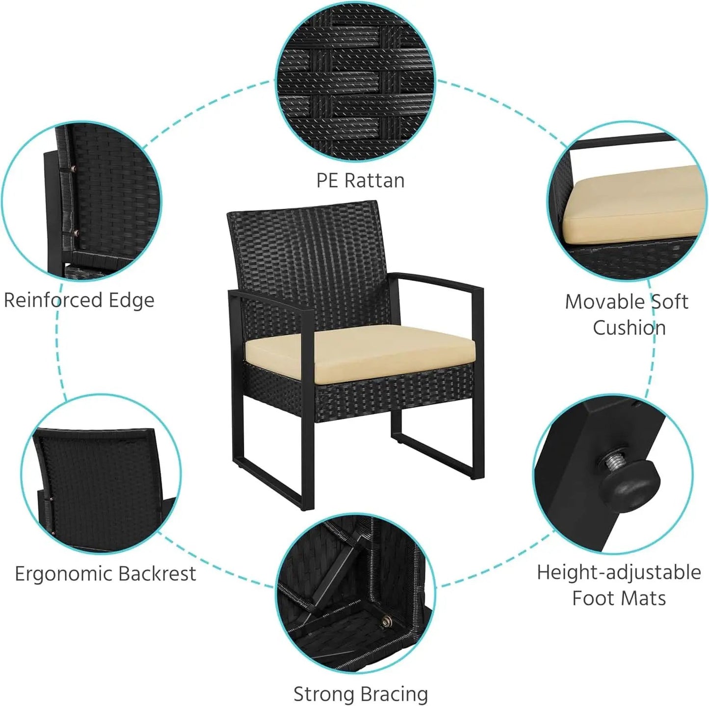 3 Piece Rattan Bistro Set Outdoor Furniture With 2 Chairs And Tempered Glass Coffee Table Black And Khaki from PriceLows™