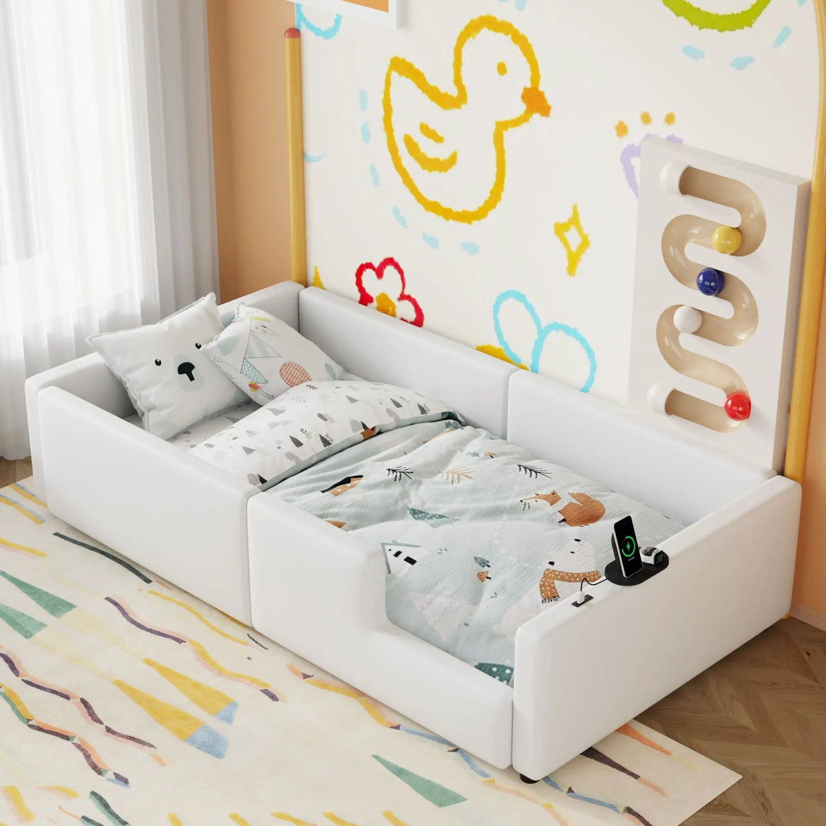 Platform Bed With Guardrail And Charging Station | 2 Pieces | Pine Wood | Bedroom