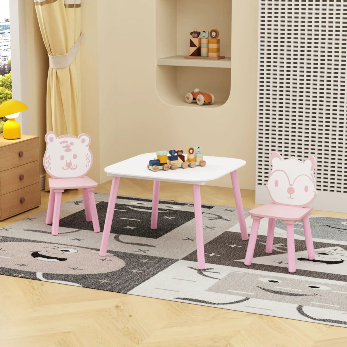 Table And Chair Set, 3 Piece Wooden Toddler Desk With Animal Backrest Pink / | 3-Piece Set | Mdf | White
