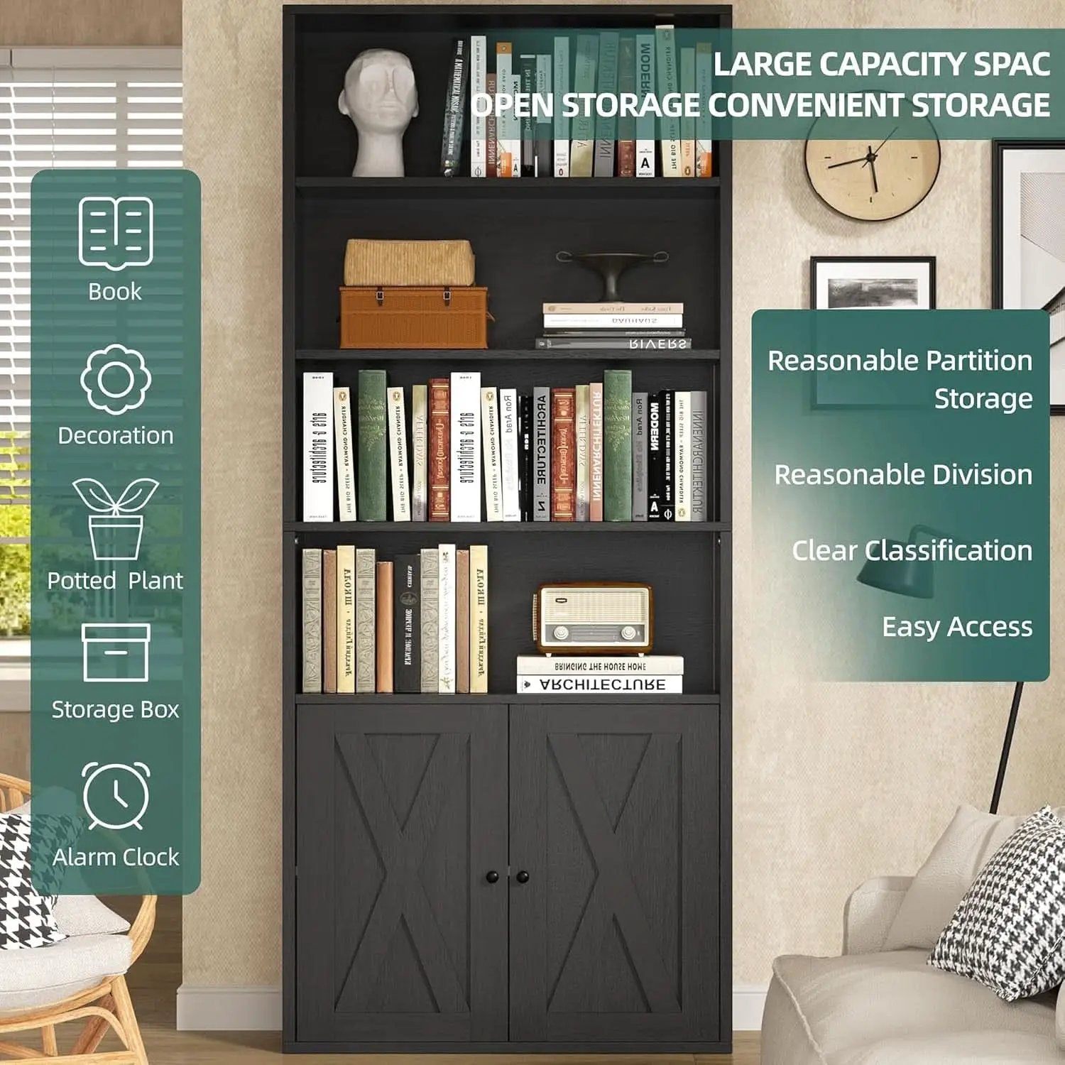 Industrial Black Floor Standing Bookcase With Doors from PriceLows™