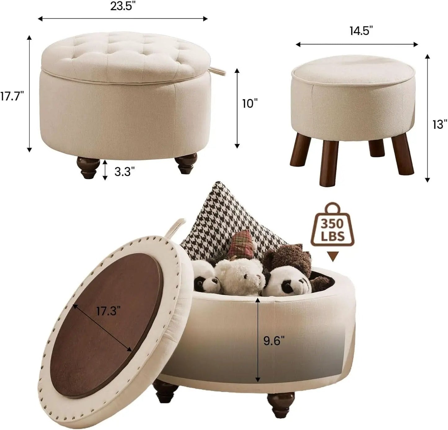 24 Inch Round Khaki Storage Ottoman Removable Top Cover from PriceLows™