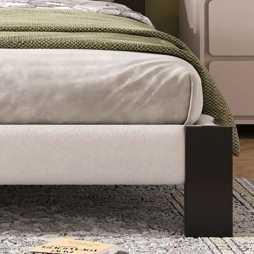 King Size Beige Boucle Upholstered Bed Frame With Solid Wood Slat Support from PriceLows™