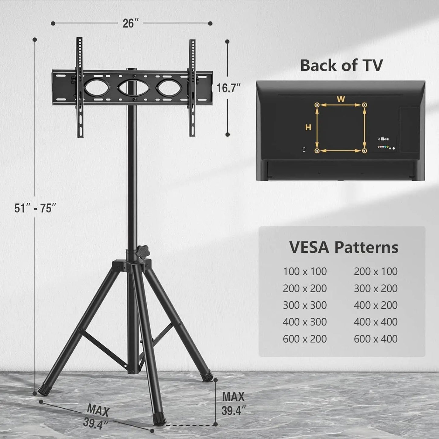 Tripod TV Stand For 23-75 Inch TVs Tilt 15 Degrees from PriceLows™