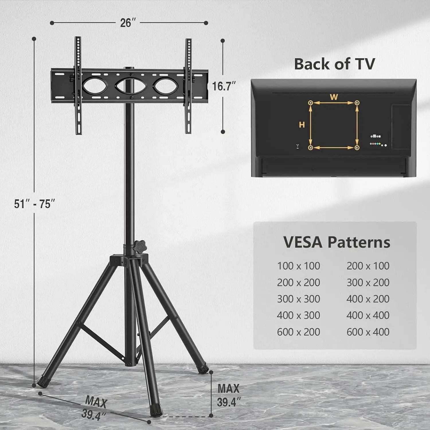 Tripod TV Stand For 23-75 Inch TVs Tilt 15 Degrees from PriceLows™