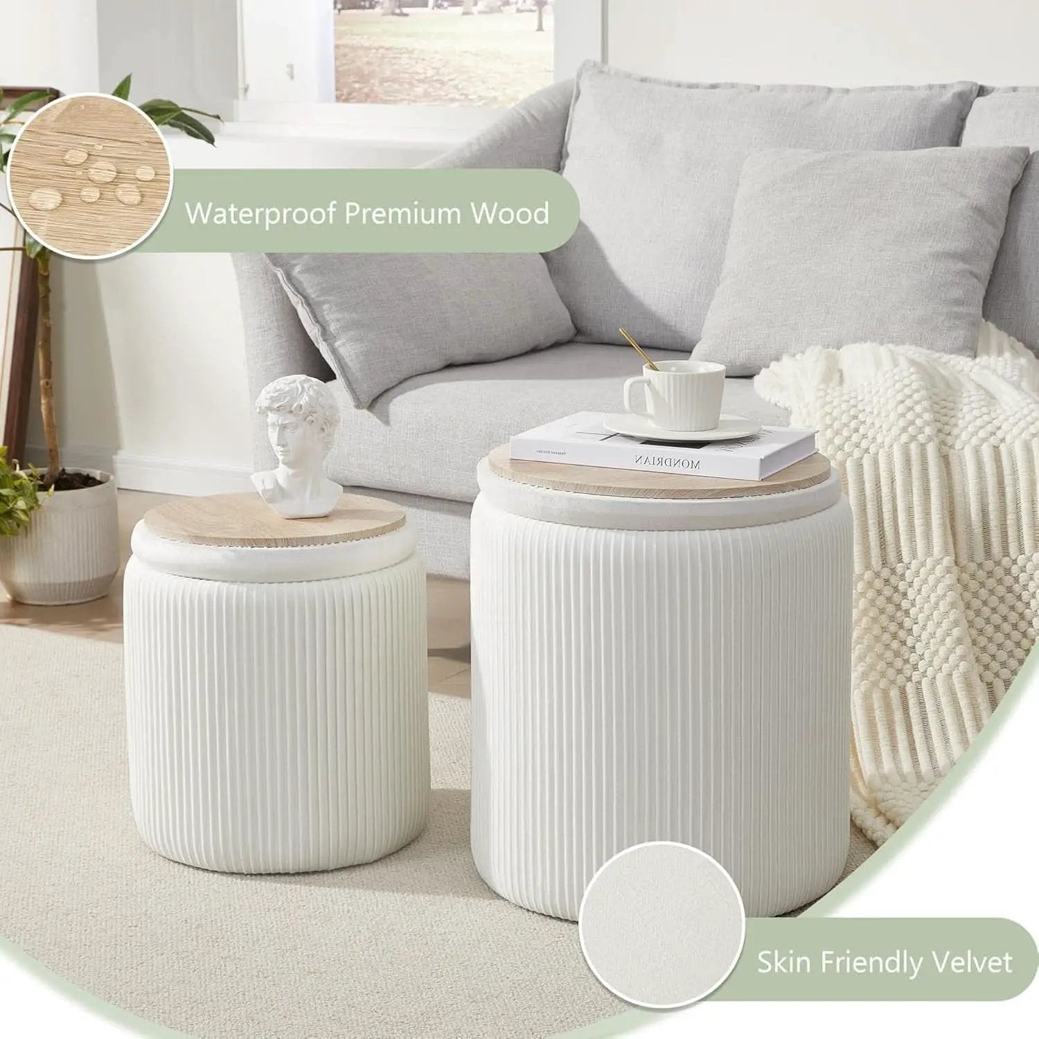 Compact Round Velvet Storage Ottoman TwoPack White from PriceLows™