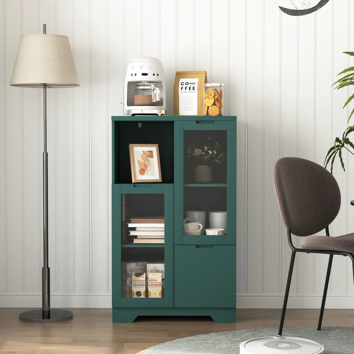 Modern Storage Cabinet | Adjustable Shelves | Double Glass Doors | Gray