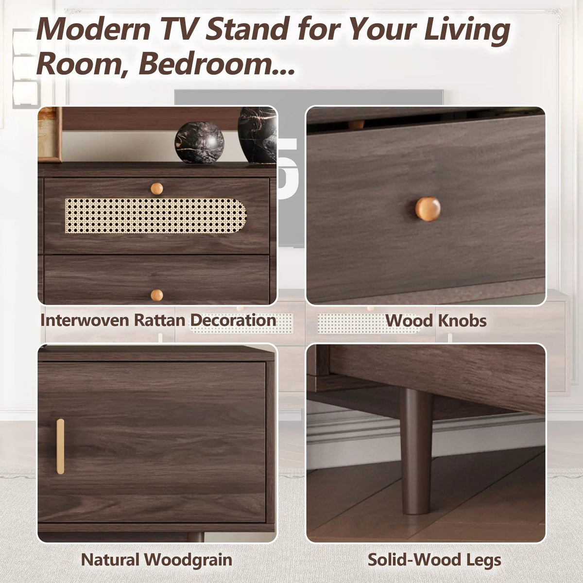 TV Stand With Drawers | Rattan Accents | Two Drop-Down Doors | Dark Brown Entertainment Center