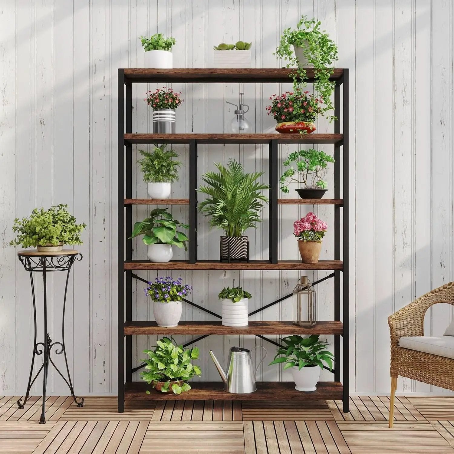 Rustic Industrial 6 Tier Bookcase Brown Wood Black Metal from PriceLows™