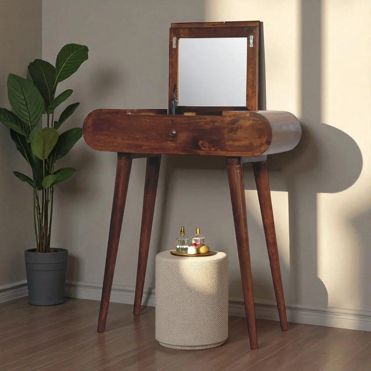 Mini Round Fold Vanity Chestnut | 27.56 x 13.78 x 31.1 in | Mango Wood | Bathroom