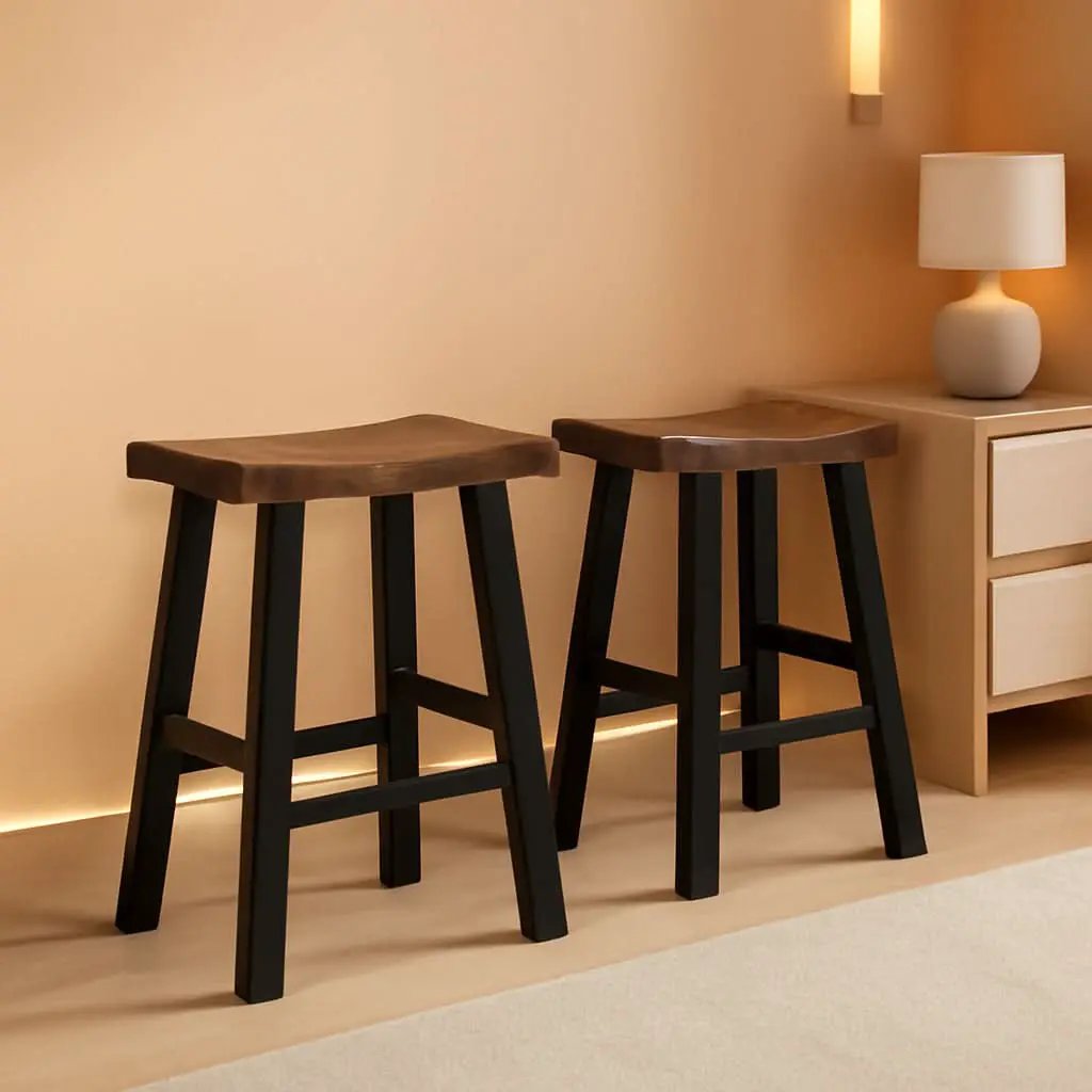 29 Inch Saddle Bar Stools Set Of 2 Rustic Brown Wood Frame Backless from PriceLows™