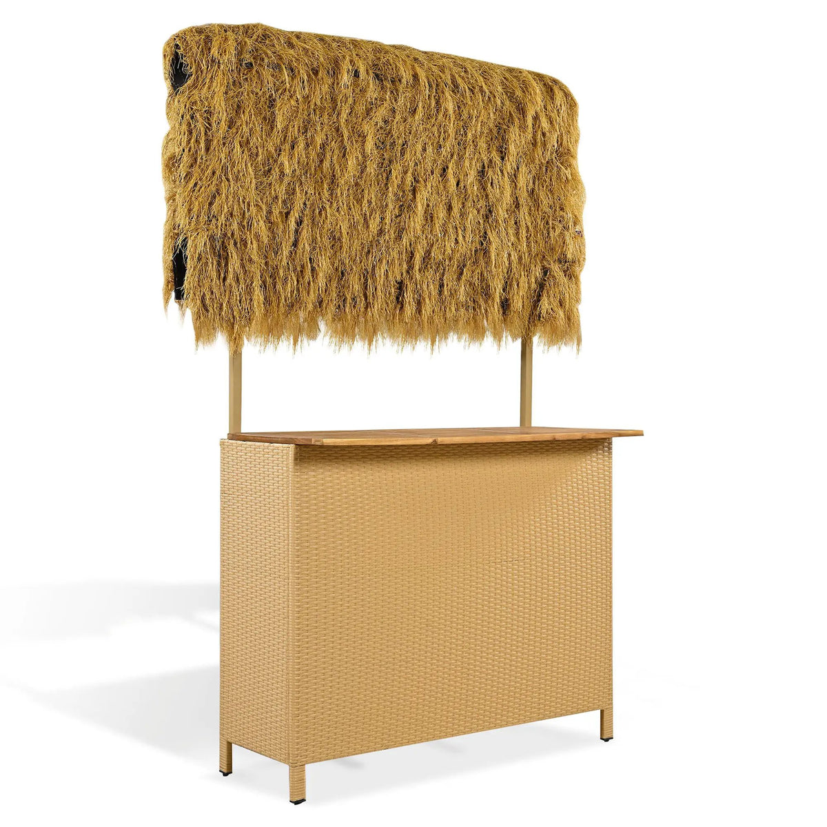 Outdoor Bar Height Patio Set | Acacia Wood Top | Grass Canopy | 5 Piece Natural