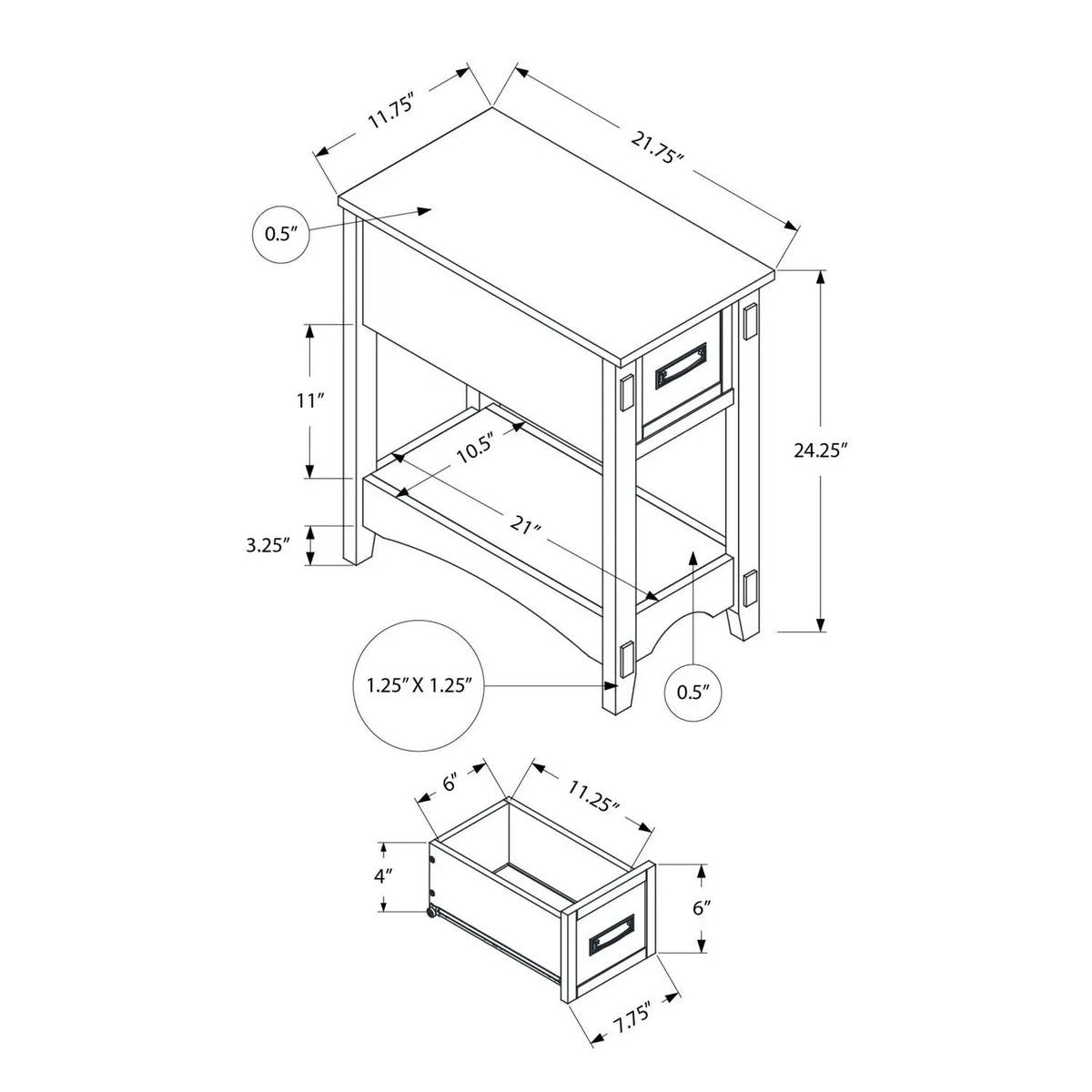 Accent End Table | 2 Tier Narrow | Storage Drawer | Walnut Finish
