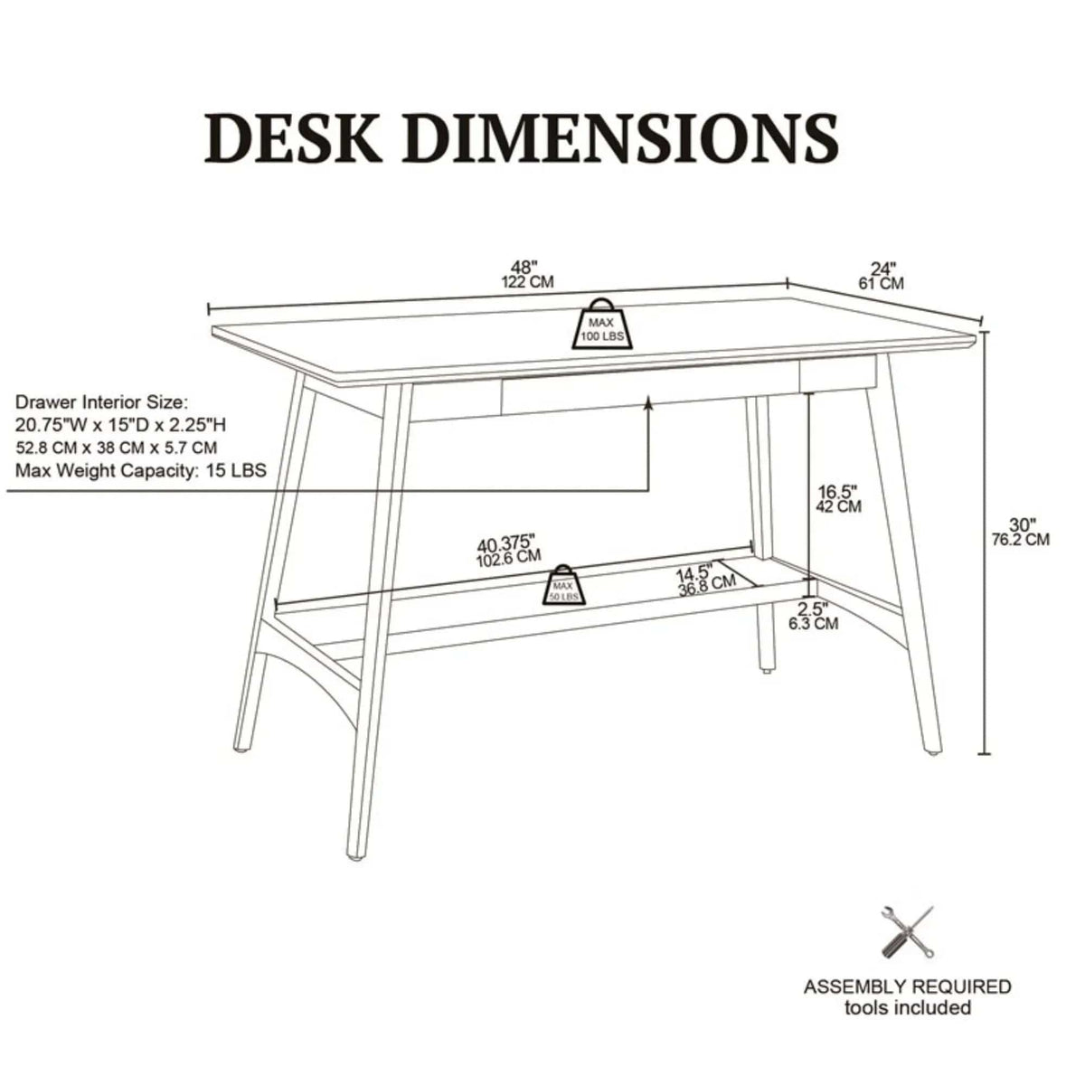 Parker Desk With Storage Shelf | 48 x 24 x 30 in | Mdf & Wood | Off White / Pecan