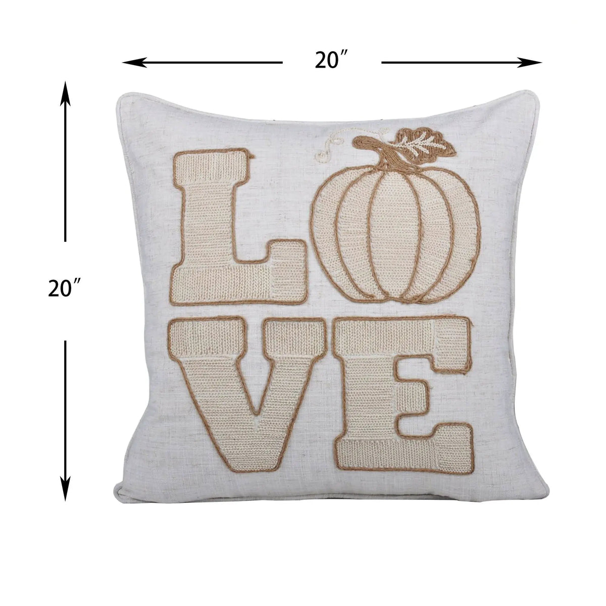 Love Pumpkin Embroidered Throw Pillow | Natural Beige Linen Blend | Textured LOVE Lettering | 20 x 20 Inch