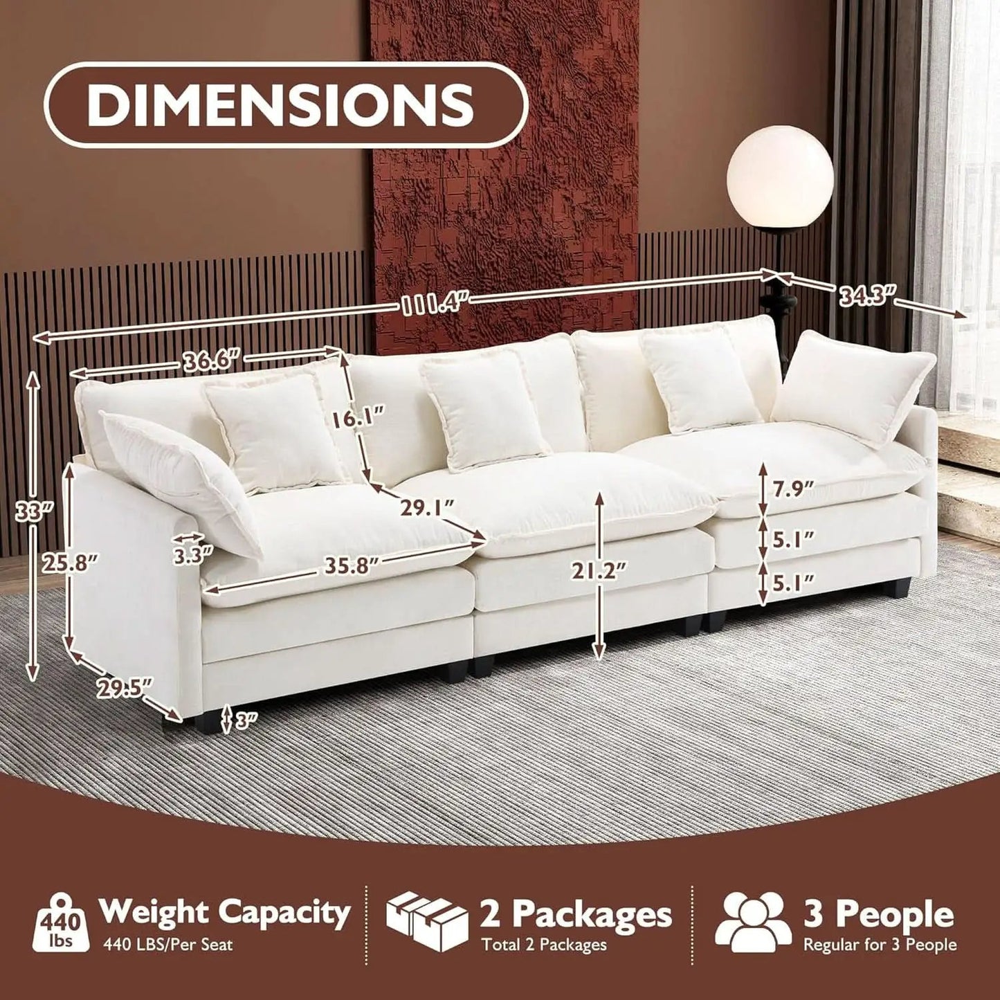 111.4 Inch 3 Seater Cloud Sofa Modular Sectional Couch Beige With Breathable Chenille Fabric from PriceLows™