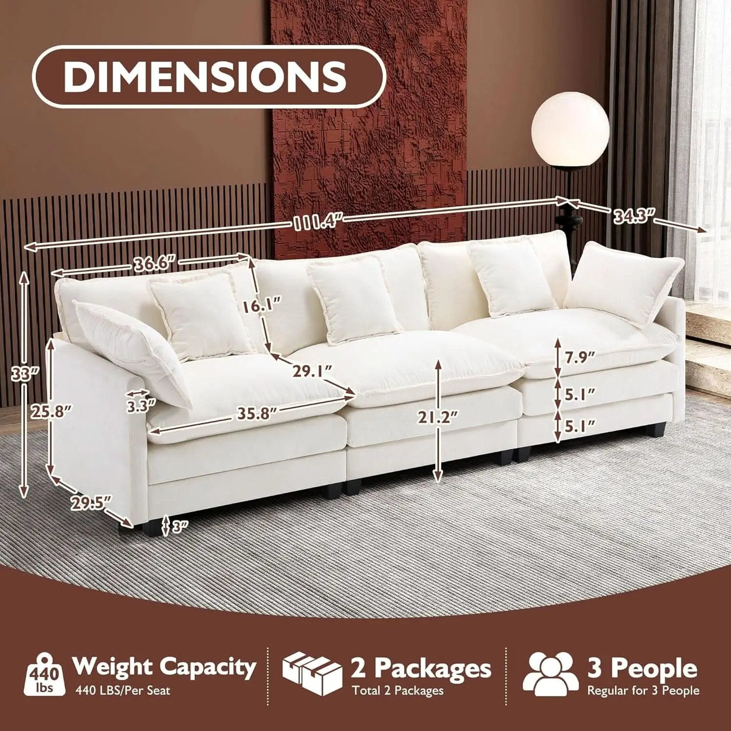 111.4 Inch 3 Seater Cloud Sofa Modular Sectional Couch Beige With Breathable Chenille Fabric from PriceLows™
