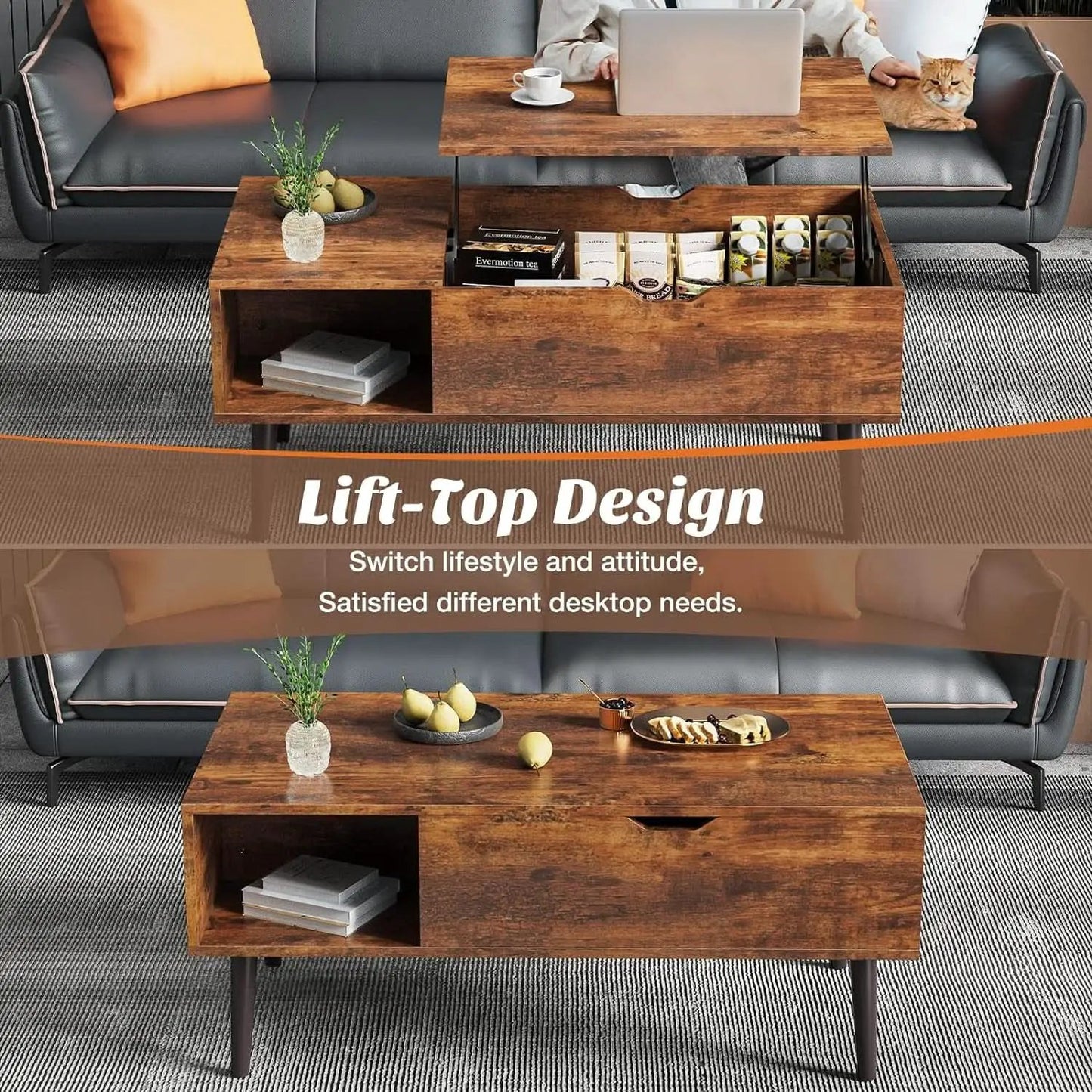 Brown Lift Top Coffee Table With Storage And Hidden Compartment from PriceLows™