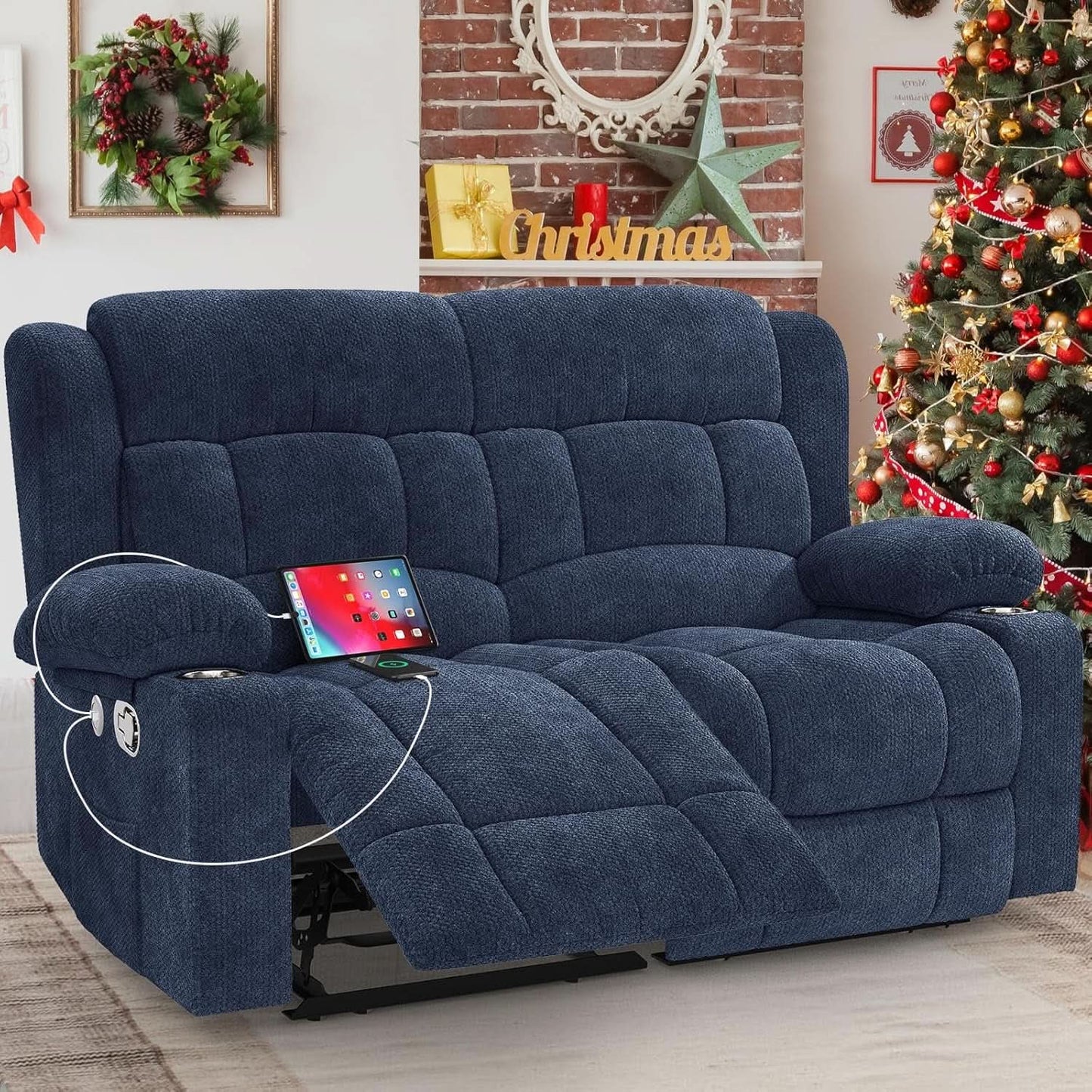 Blue Fabric Reclining Loveseat With USB Ports For Living Room from PriceLows™
