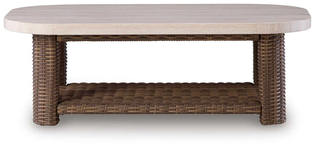 Dolan Creek Rectangular Cocktail Table | 50 x 30 x 17.75 in | Wicker & Stainless Steel | Beige / Brown