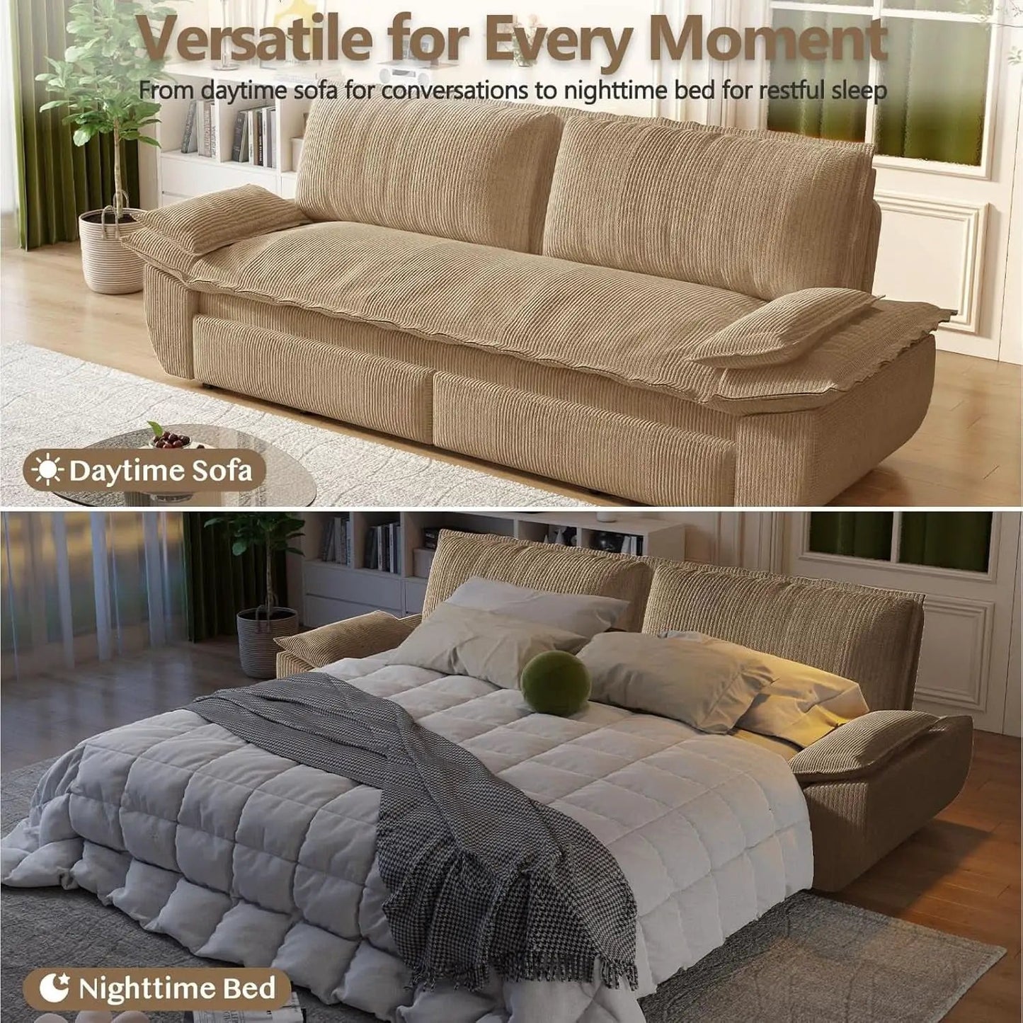 Queen Size Premium Convertible Sofabed Camel Corduroy from PriceLows™