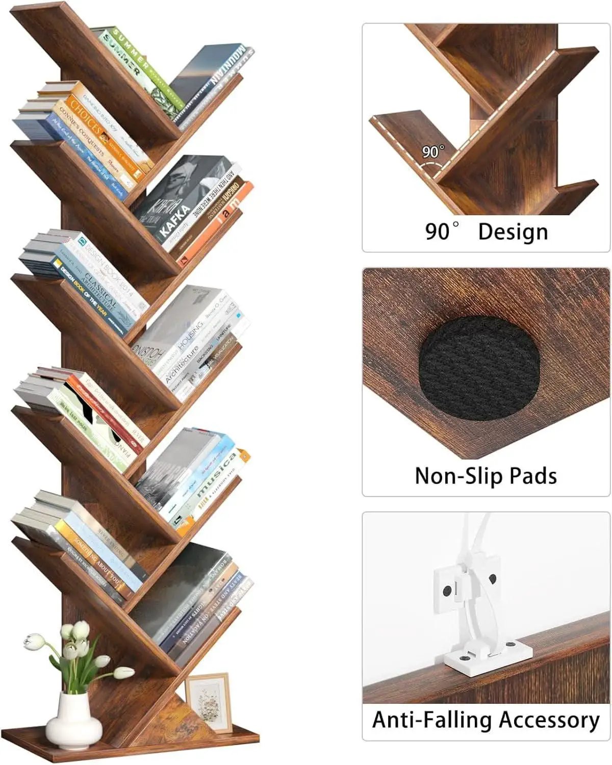 10 Tier Tree Bookshelf Brown Wood Floor Standing Bookcase For Living Room Decor Storage from PriceLows™