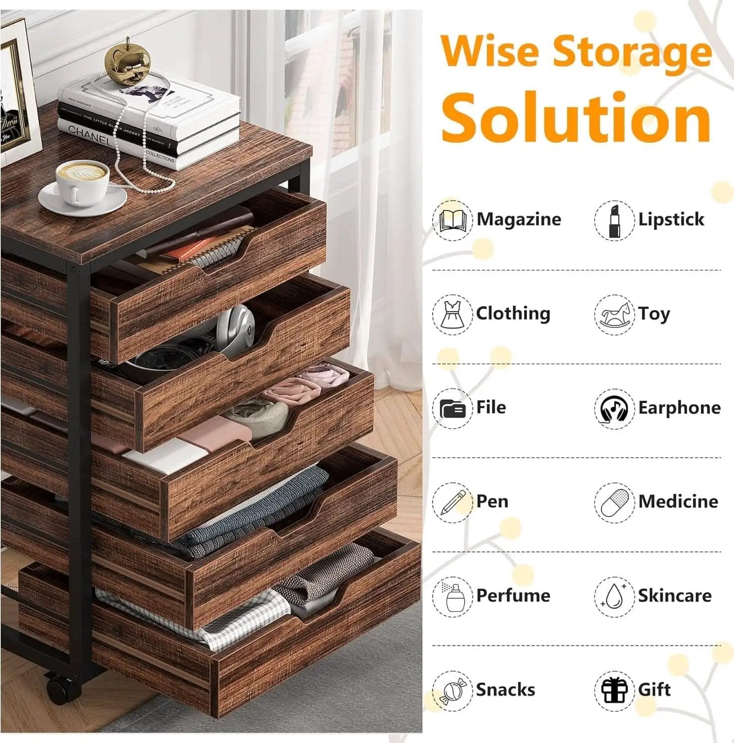 Industrial Five Drawer Wood Dresser Cart BrownFinish from PriceLows™