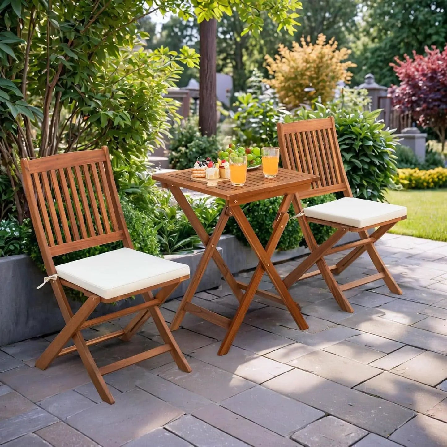 3 Piece Patio Folding Bistro Set With 2 Cushions Acacia Wood Outdoor Furniture For Pool And Garden from PriceLows™
