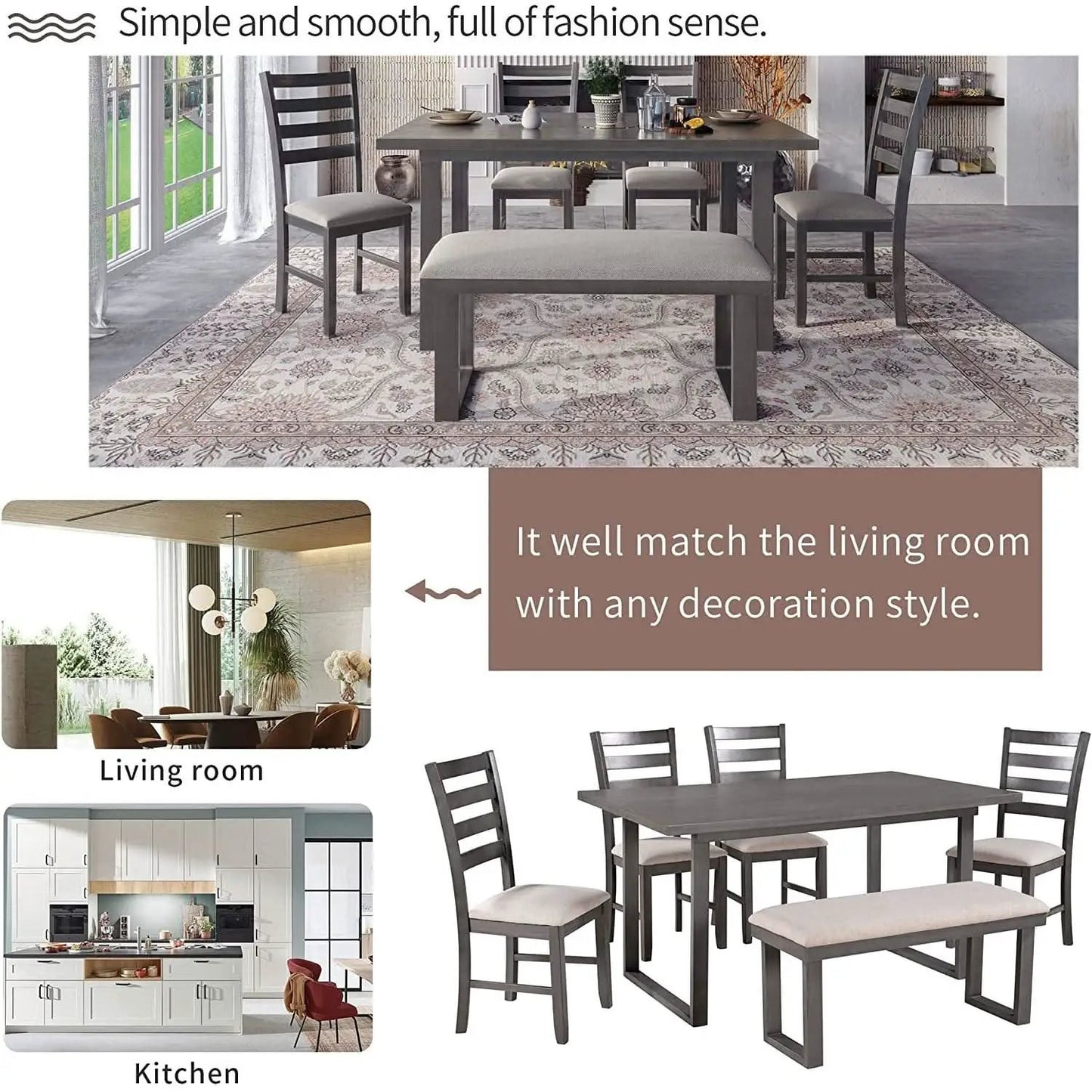6 Piece Rustic Wood Dining Set With Bench And Chairs from PriceLows™