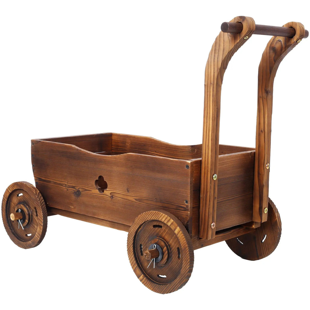 Wooden Wagon Planter Box | Four Sturdy Wheels | Ergonomic Handle | Brown