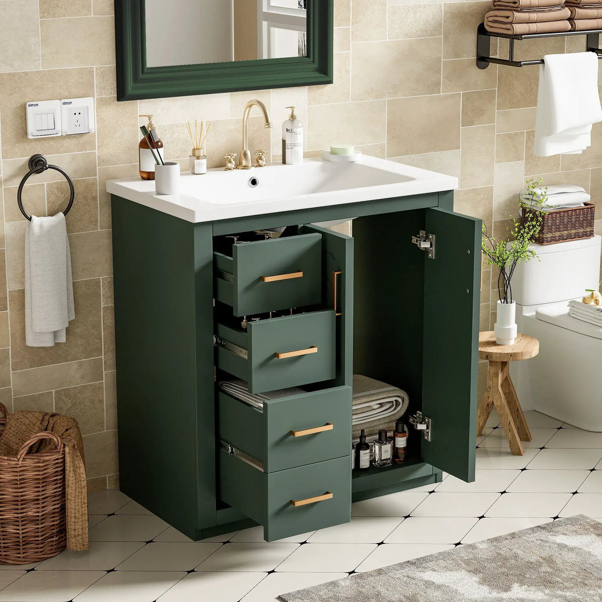 30 Inch Bathroom Vanity | 3 Drawers Soft Close | Solid Wood Ceramic Combo