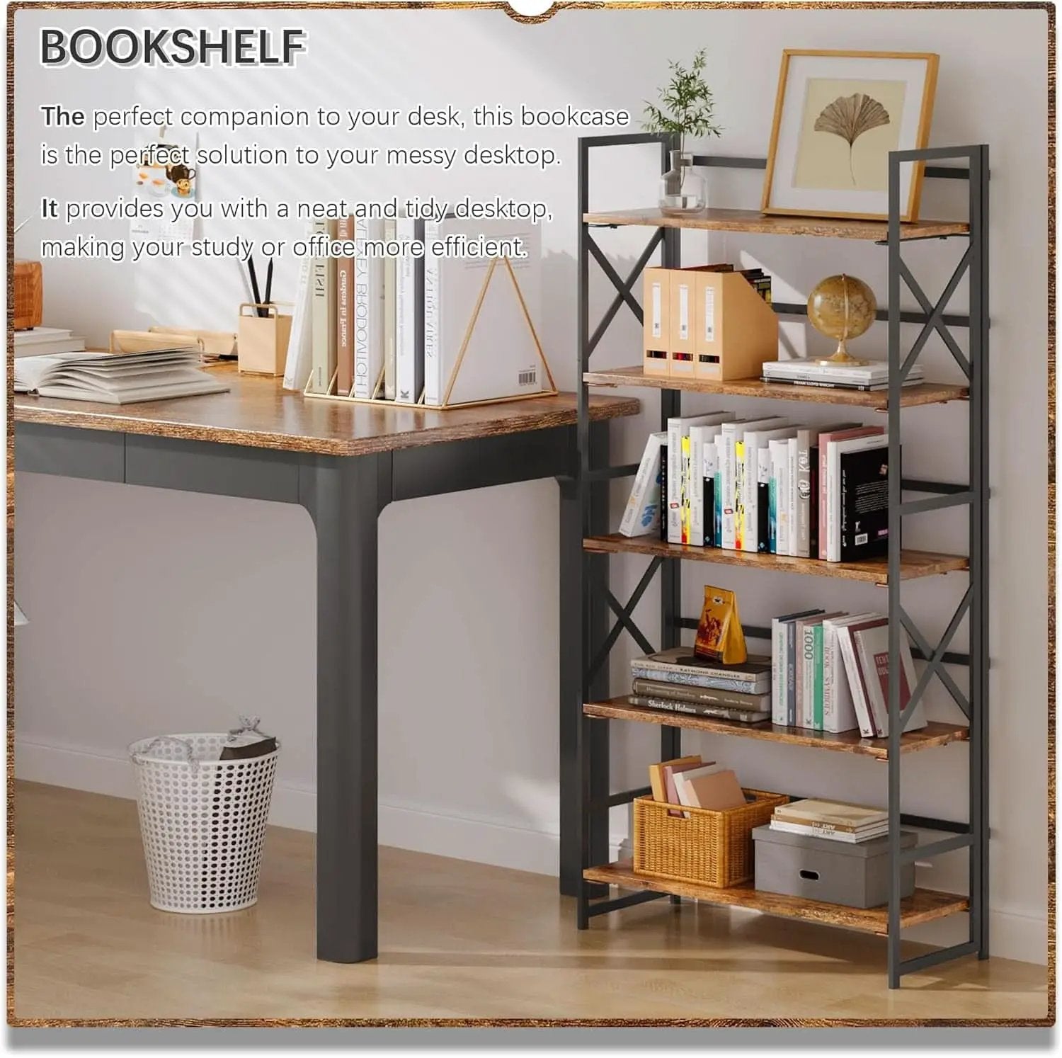 5 Tier Folding Bookshelf No Assembly Rustic Brown Storage from PriceLows™